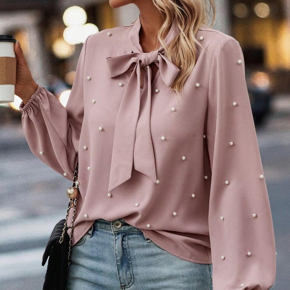 Dusty Pink Preppy Womens Pearls Beaded Tie Neck Lantern Sleeve Blouse - Picture 4 of 4